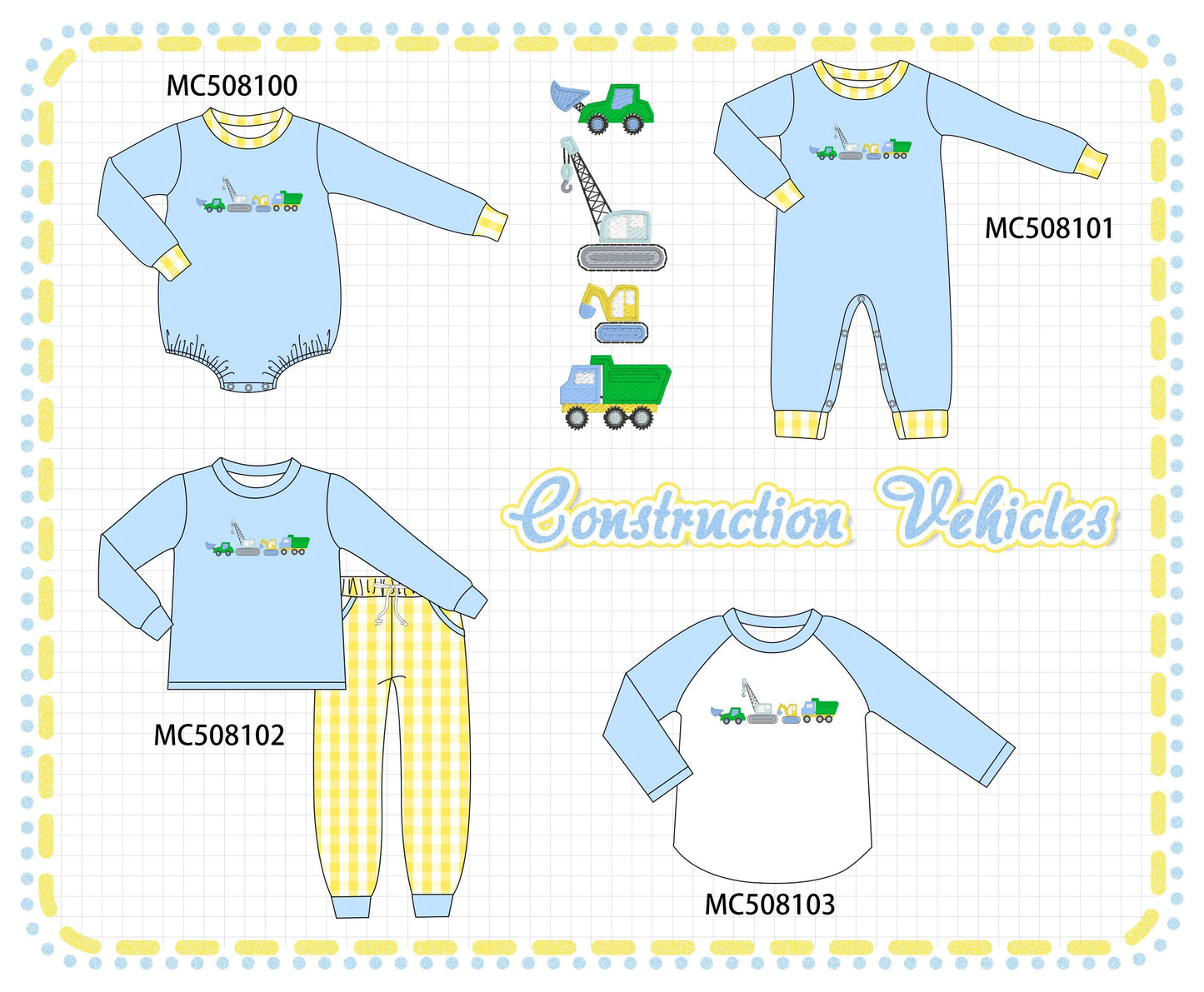 PO64 Blue construction vehicles embroidery collection