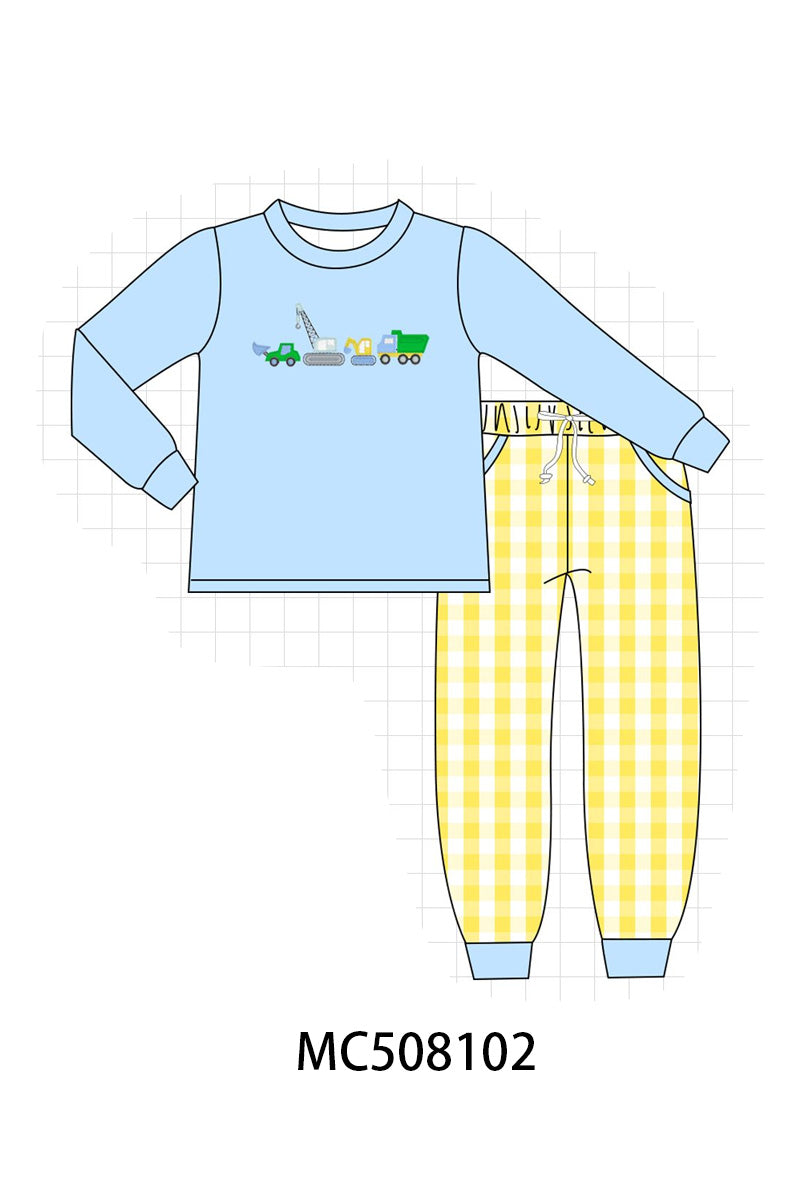 PO64 Blue construction vehicles embroidery collection