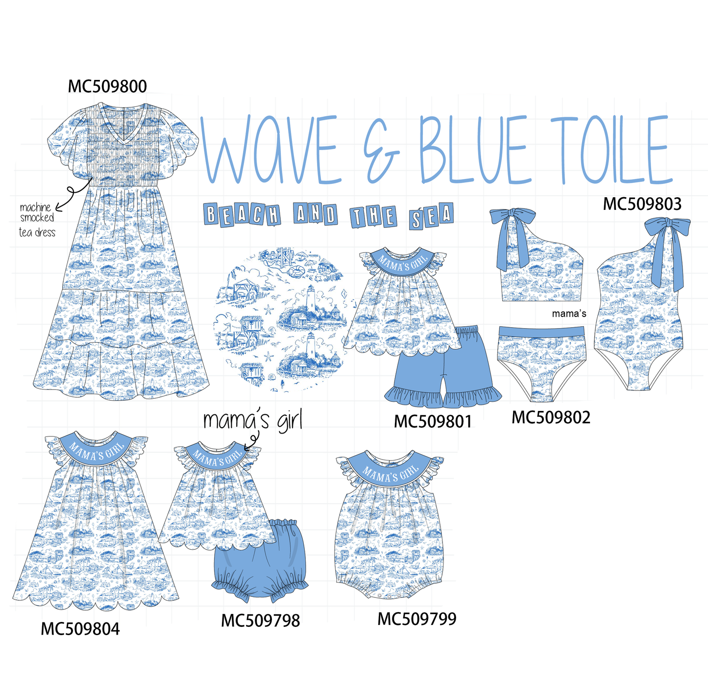 PO68 Blue beach sea mama's girl smocked collection
