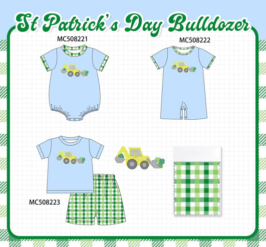 PO64 Blue excavator clover embroidery gingham collection