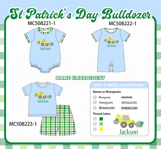 PO64 Blue excavator clover monogram embroidery gingham collection